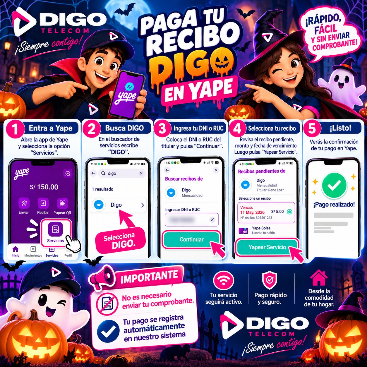 Paga tu recibo Digo en Yape en 5 pasos: entra a Yape, busca DIGO, ingresa tu DNI o RUC, selecciona tu recibo y listo. No es necesario enviar comprobante.
